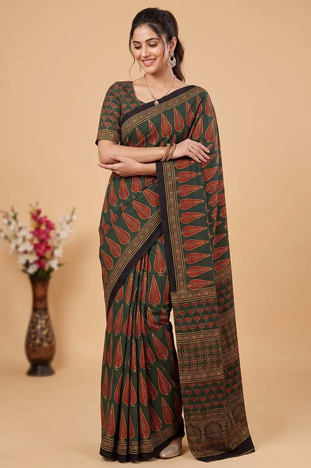 Kutch Ajrakh Hand Block Print Modal Silk Crepe Saree