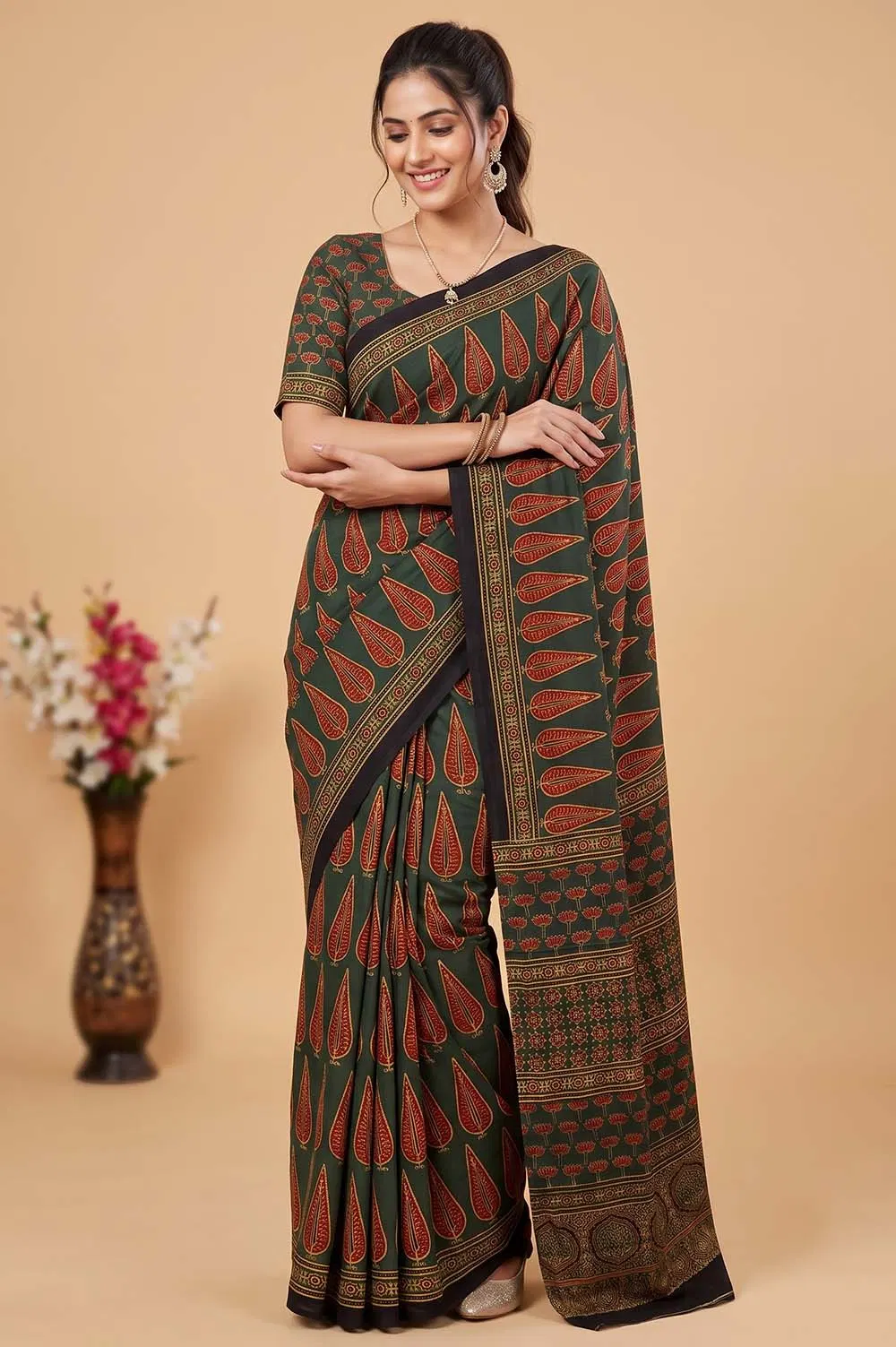 Kutch Ajrakh Hand Block Print Modal Silk Crepe Saree
