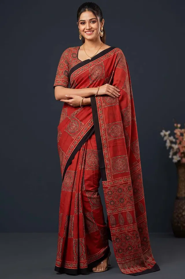Kutch Ajrakh Hand Block Print Modal Silk Crepe Saree