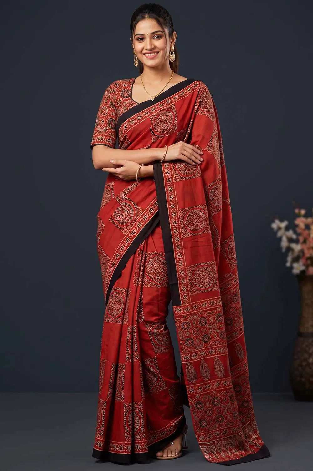 Kutch Ajrakh Hand Block Print Modal Silk Crepe Saree