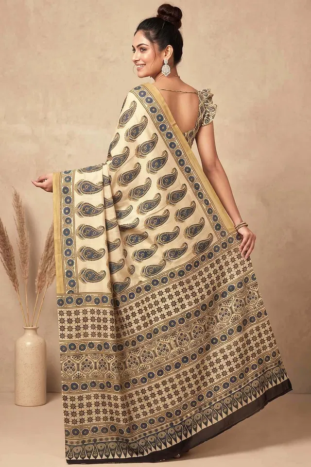Kutch Ajrakh Hand Block Print Modal Silk Crepe Saree