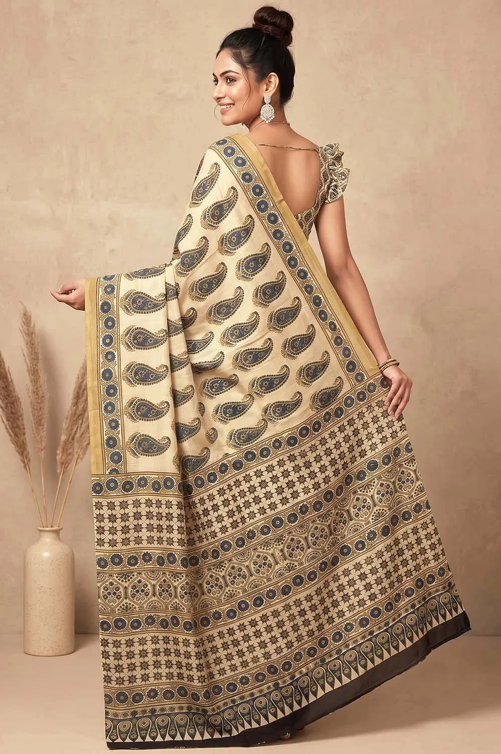 Kutch Ajrakh Hand Block Print Modal Silk Crepe Saree