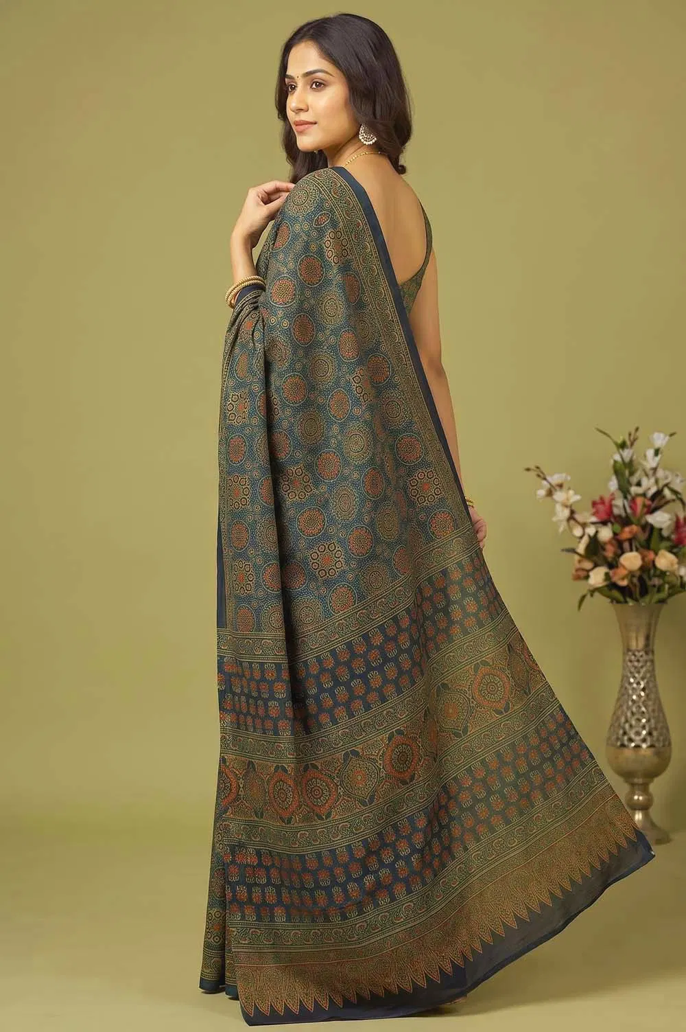 Kutch Ajrakh Hand Block Print Modal Silk Crepe Saree