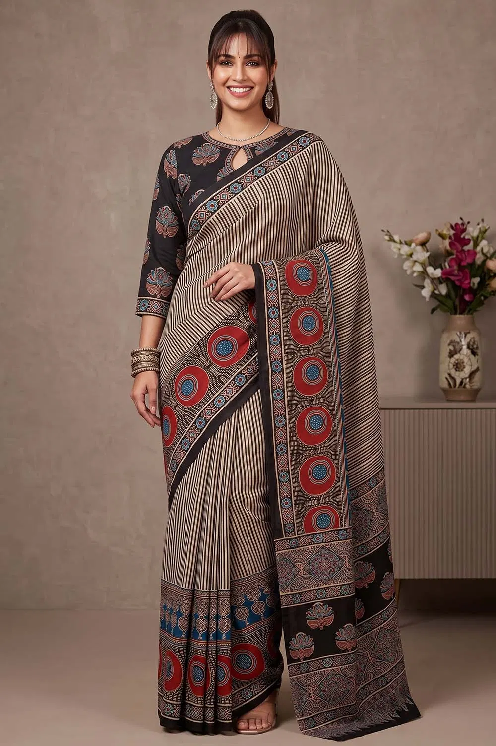 Kutch Ajrakh Hand Block Print Modal Silk Crepe Saree