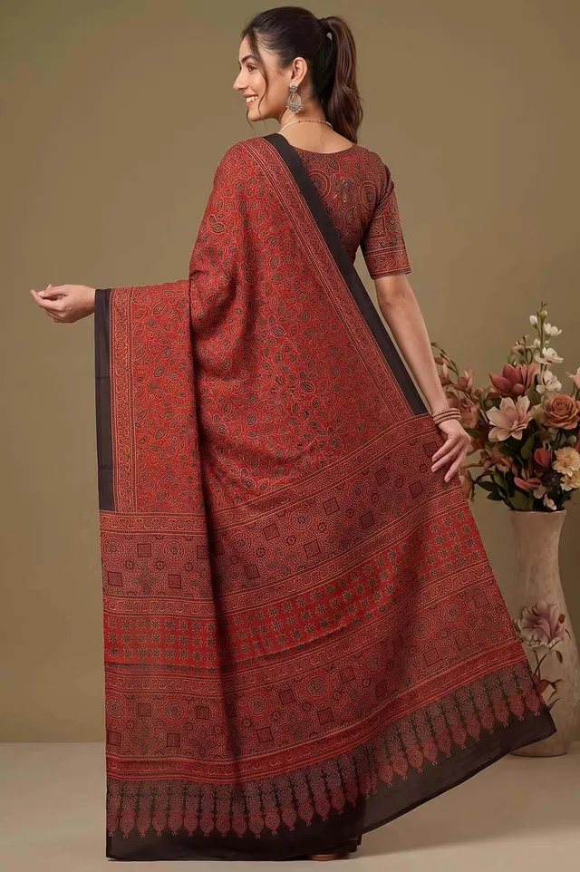 Kutch Ajrakh Hand Block Print Modal Silk Crepe Saree