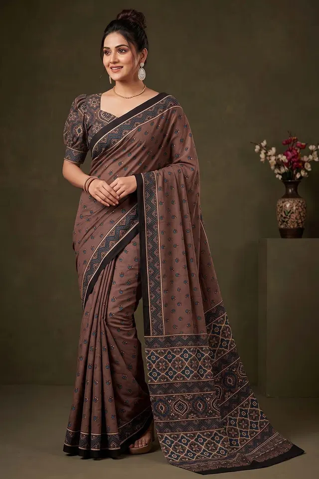Kutch Ajrakh Hand Block Print Modal Silk Crepe Saree