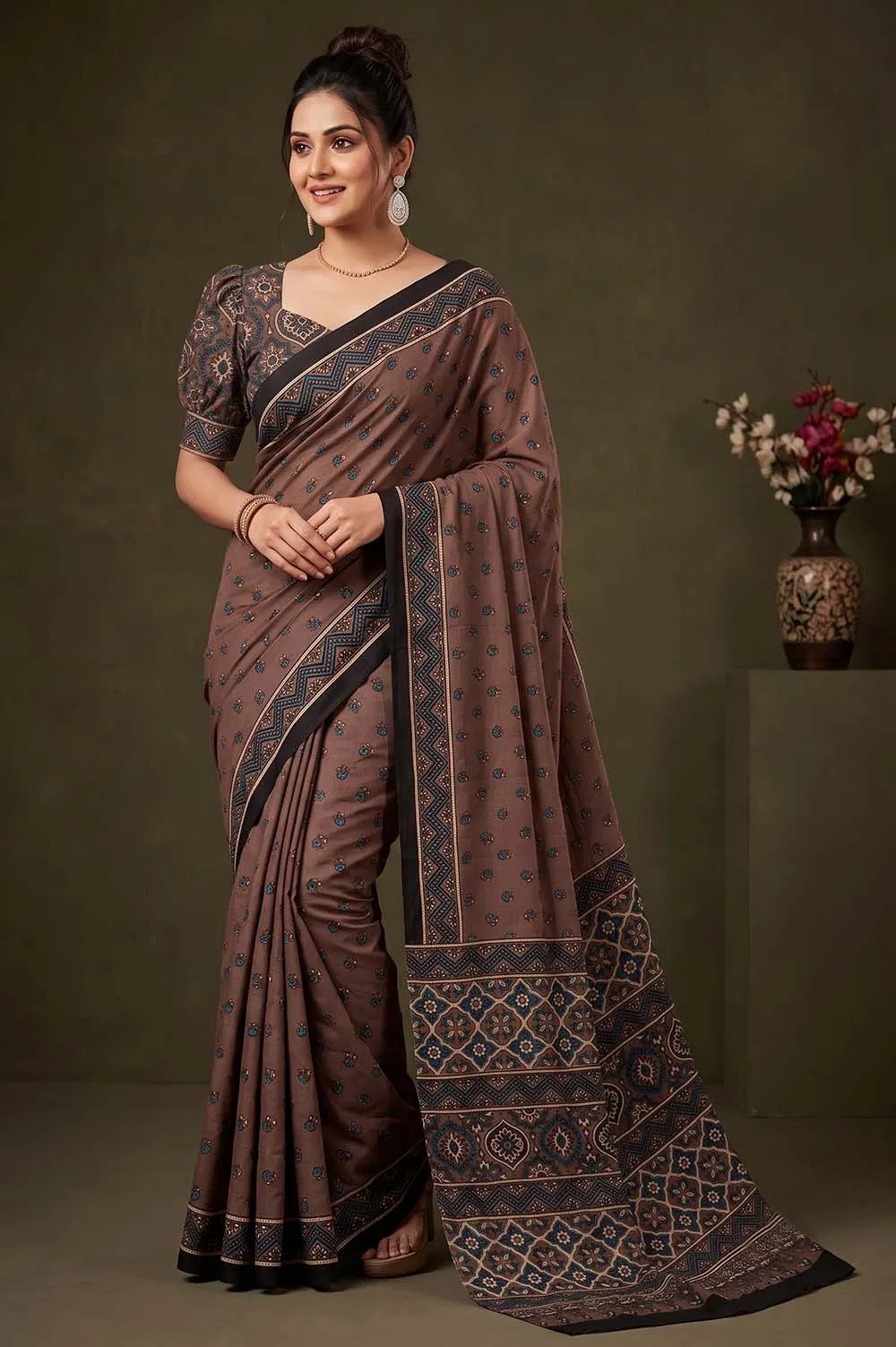 Kutch Ajrakh Hand Block Print Modal Silk Crepe Saree