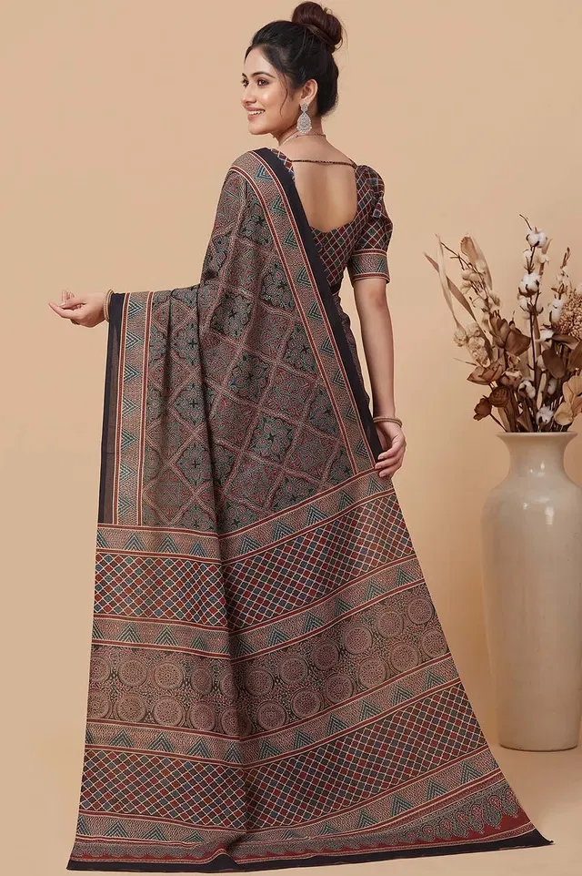 Kutch Ajrakh Hand Block Print Modal Silk Crepe Saree