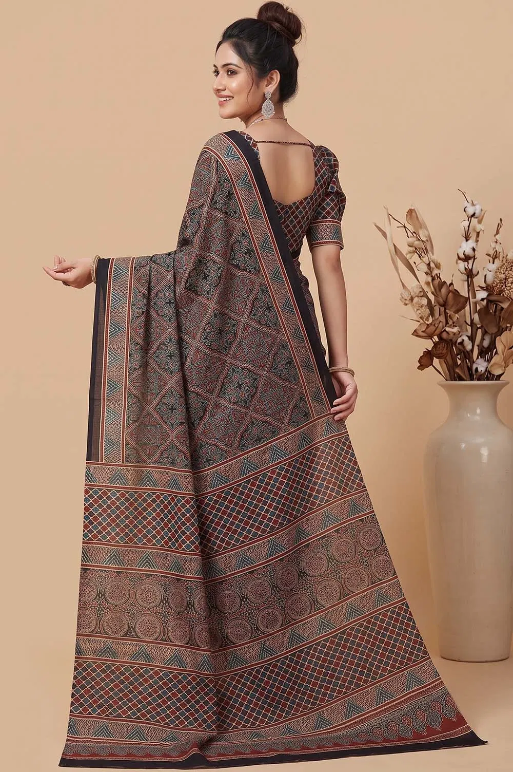 Kutch Ajrakh Hand Block Print Modal Silk Crepe Saree