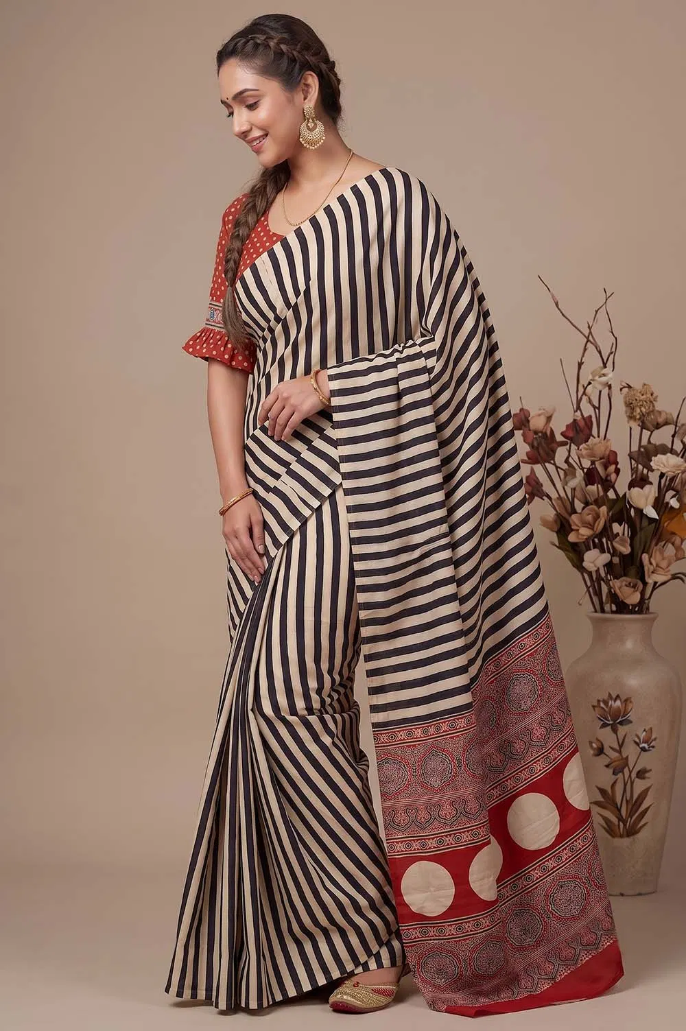 Kutch Ajrakh Hand Block Print Modal Silk Crepe Saree