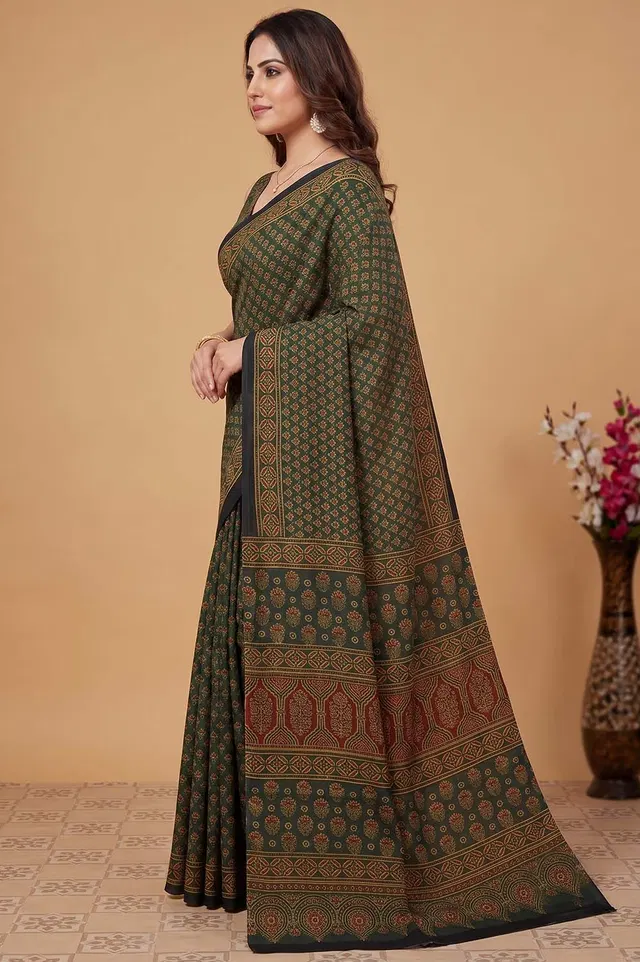 Kutch Ajrakh Hand Block Print Modal Silk Crepe Saree