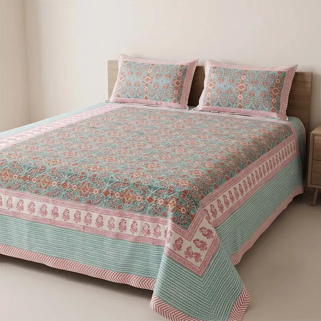 Bagru Hand Block Printed Premium Bedsheet Set (8.8x8.8)ft