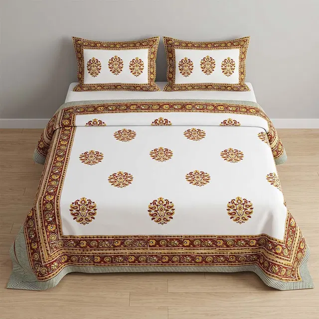 Bagru Hand Block Printed Premium Bedsheet Set (8.8x8.8)ft