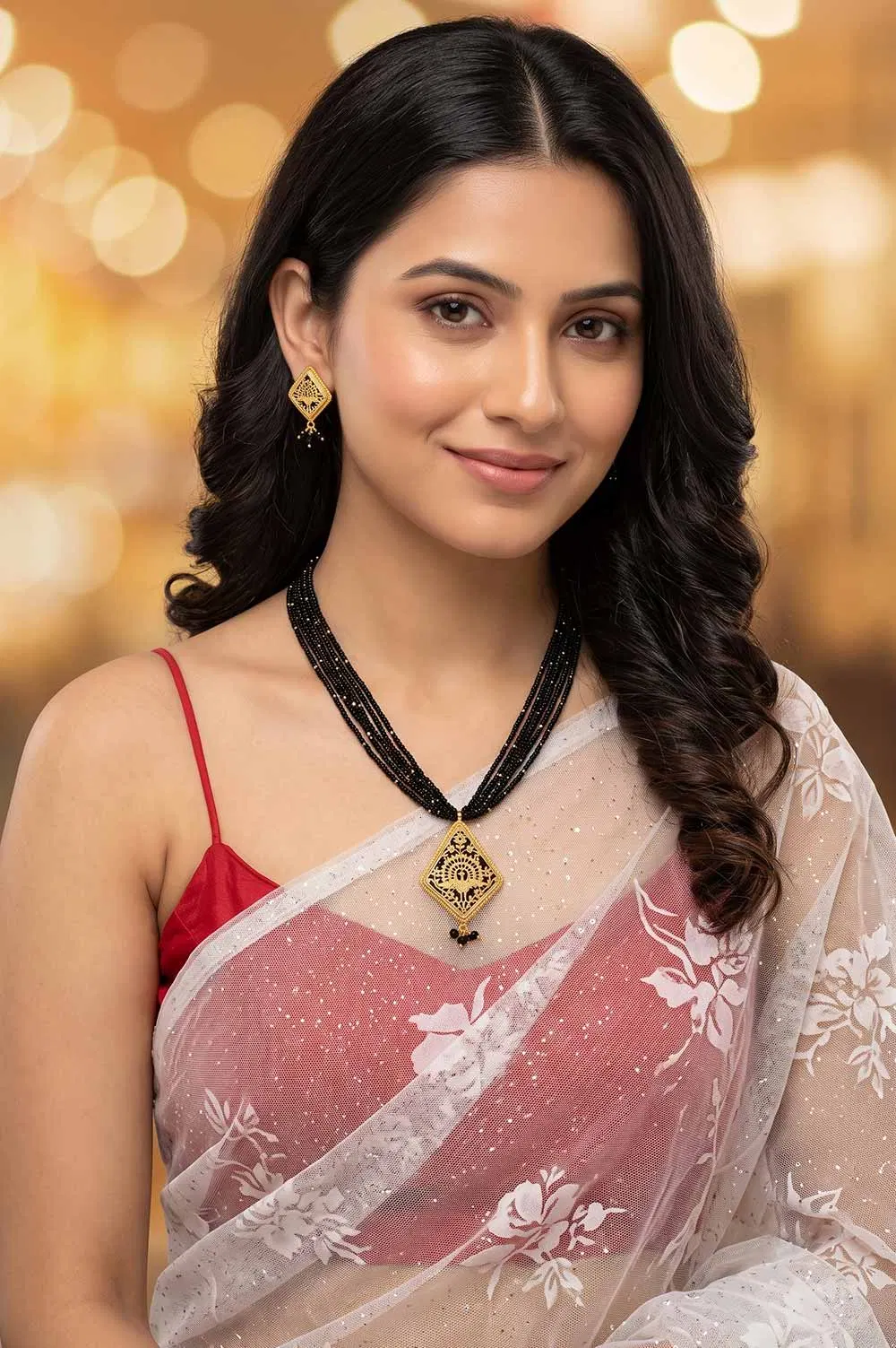 Thewa Black Rhombus Peacock Motif 23kt Gold Jewellery Set