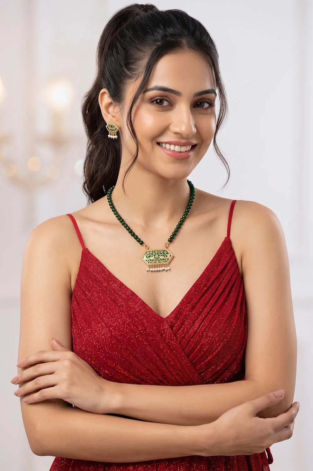 Thewa Pentagonal Peacock Motif 23kt Gold Jewellery Set