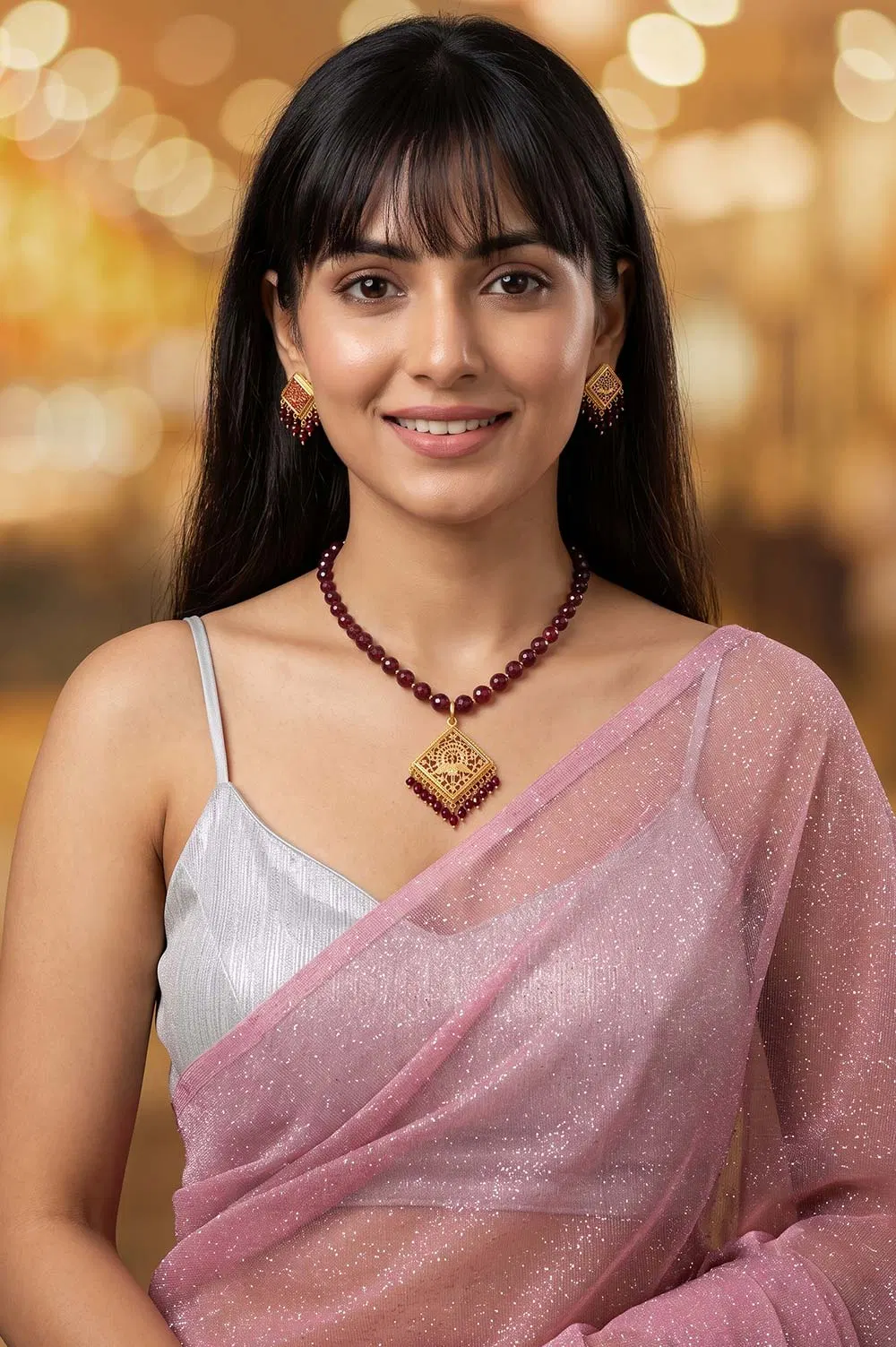 Thewa Maroon Temple Peacock Motif 23kt Gold Jewellery Set