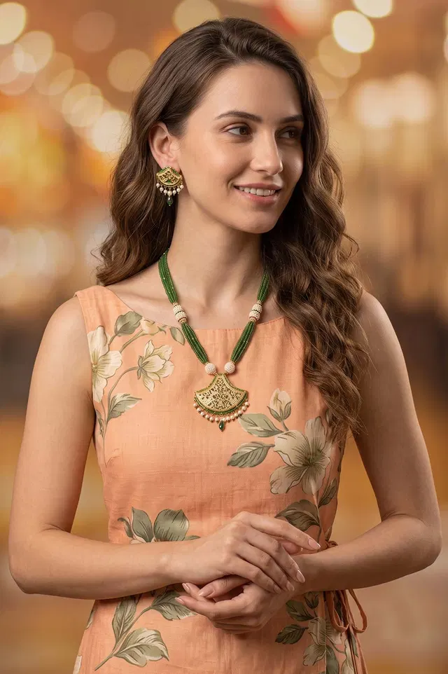 Thewa Green Peacock Arch 23kt Gold Jewellery Set