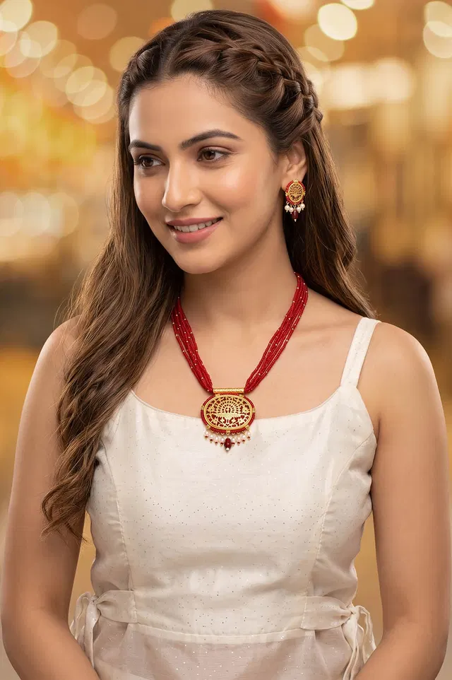 Thewa Red Peacock Round 23kt Gold Jewellery Set