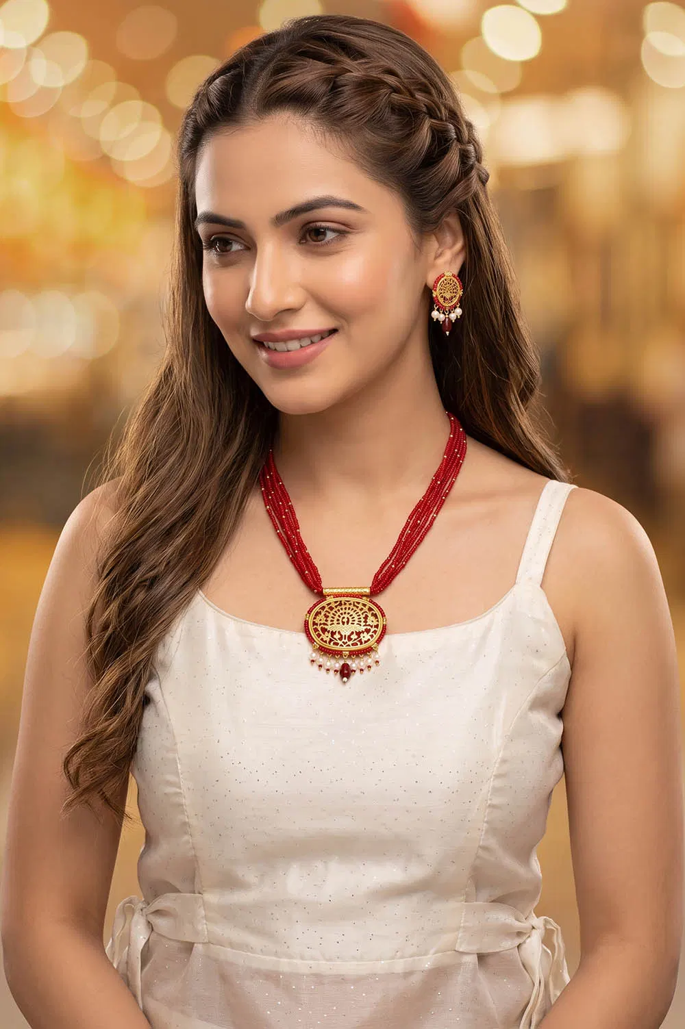 Thewa Red Peacock Round 23kt Gold Jewellery Set