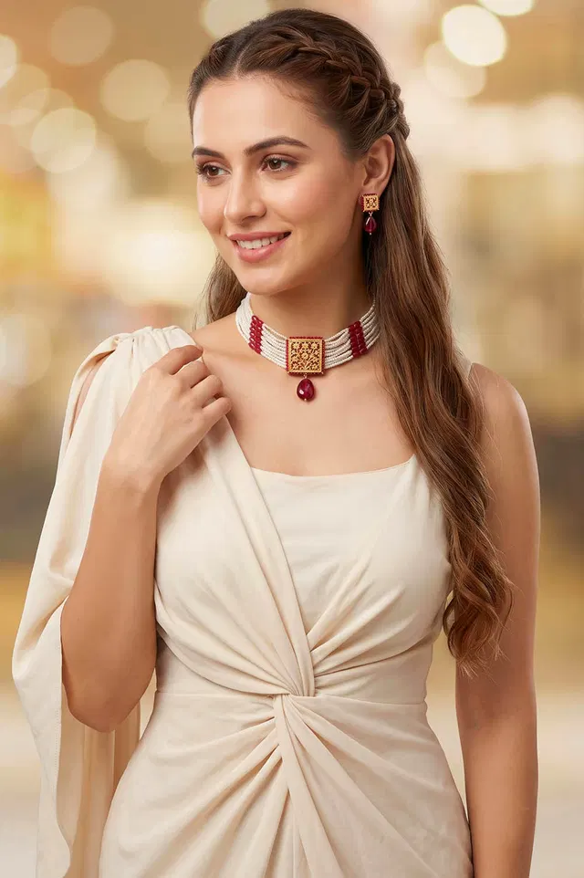 Thewa Red Flower 23kt Gold Jewellery Set