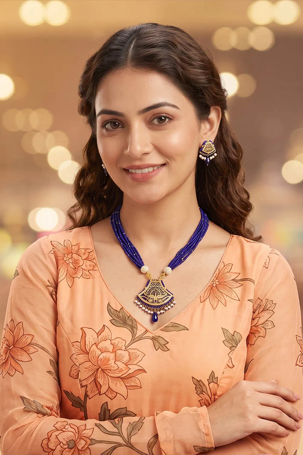 Thewa Blue Peacock Motif 23kt Gold Jewellery Set