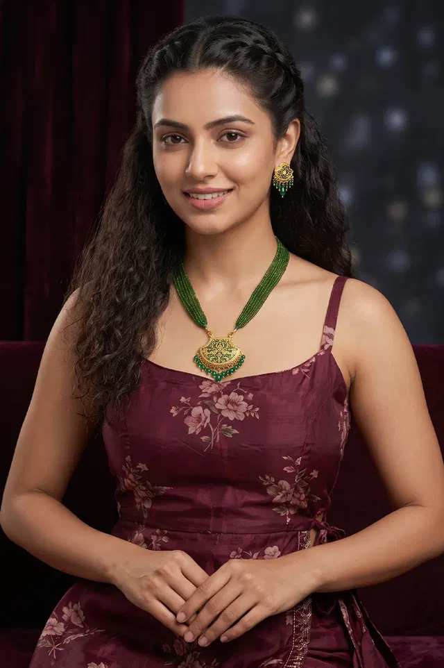 Thewa Green Flower-Peacock 23kt Gold Jewellery Set
