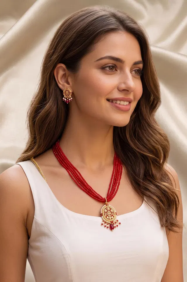 Thewa Red Flower Oval Beads 23kt Gold Jewellery Set