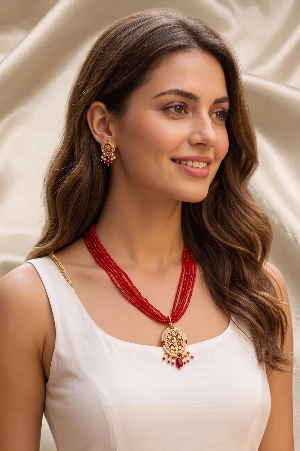 Thewa Red Flower Oval Beads 23kt Gold Jewellery Set