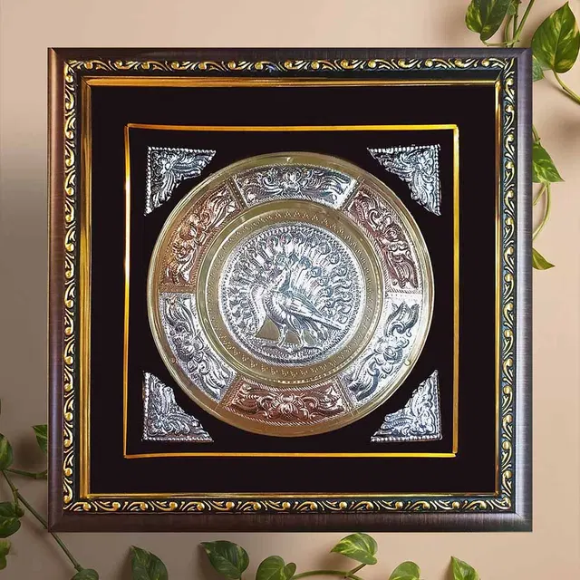 Thanjavur Tri Metal Art Plate Peacock (Framed) - 13x13 Inches
