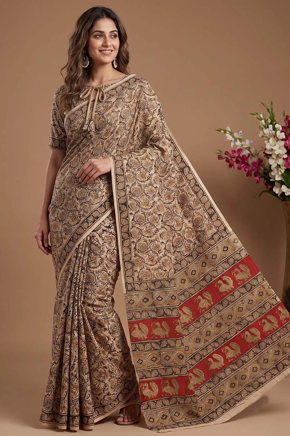 Hand Block Printed Machilipatnam Kalamkari Saree (Extremely Soft Cotton)