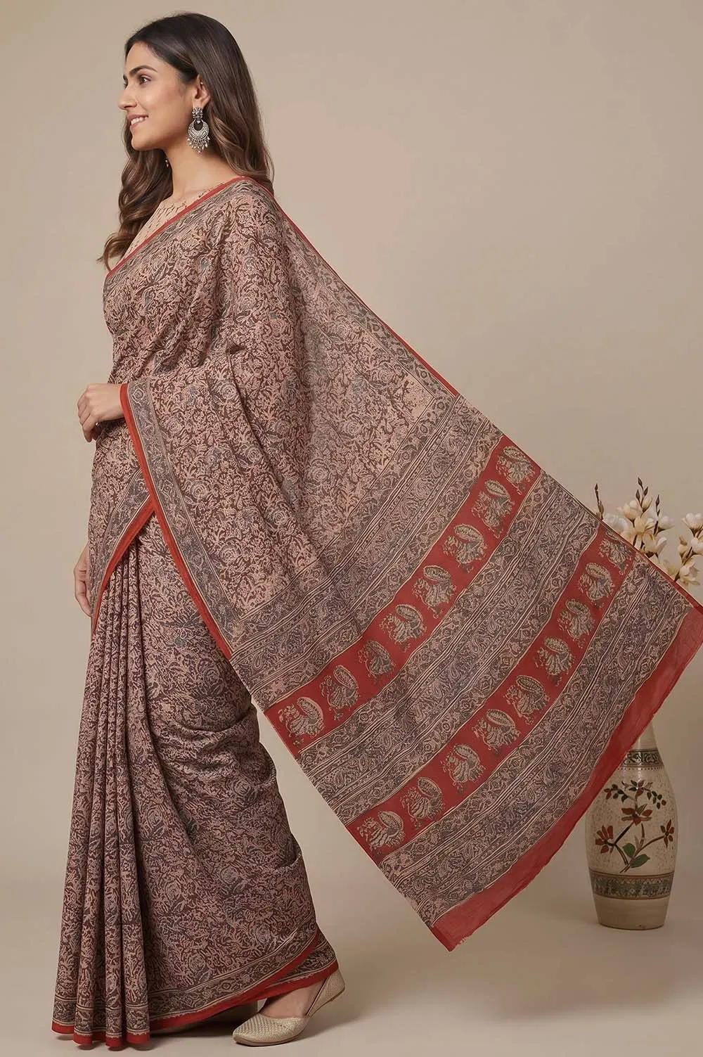 Hand Block Printed Machilipatnam Kalamkari Saree (Extremely Soft Cotton)