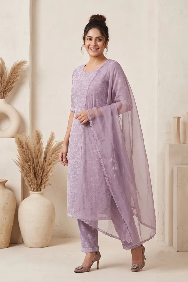 Lucknow Chikankari Hand Embroidered Salwar Suit Set (Unstitched)