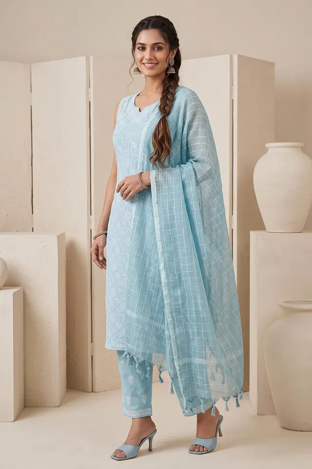 Lucknow Chikankari Hand Embroidered Salwar Suit Set (Unstitched)