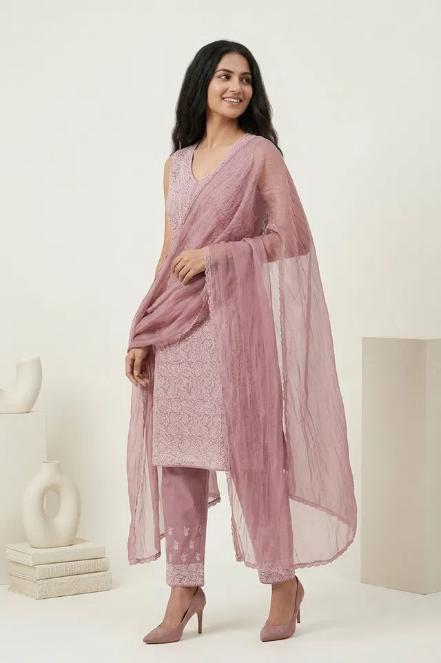 Lucknow Chikankari Hand Embroidered Salwar Suit Set (Unstitched)