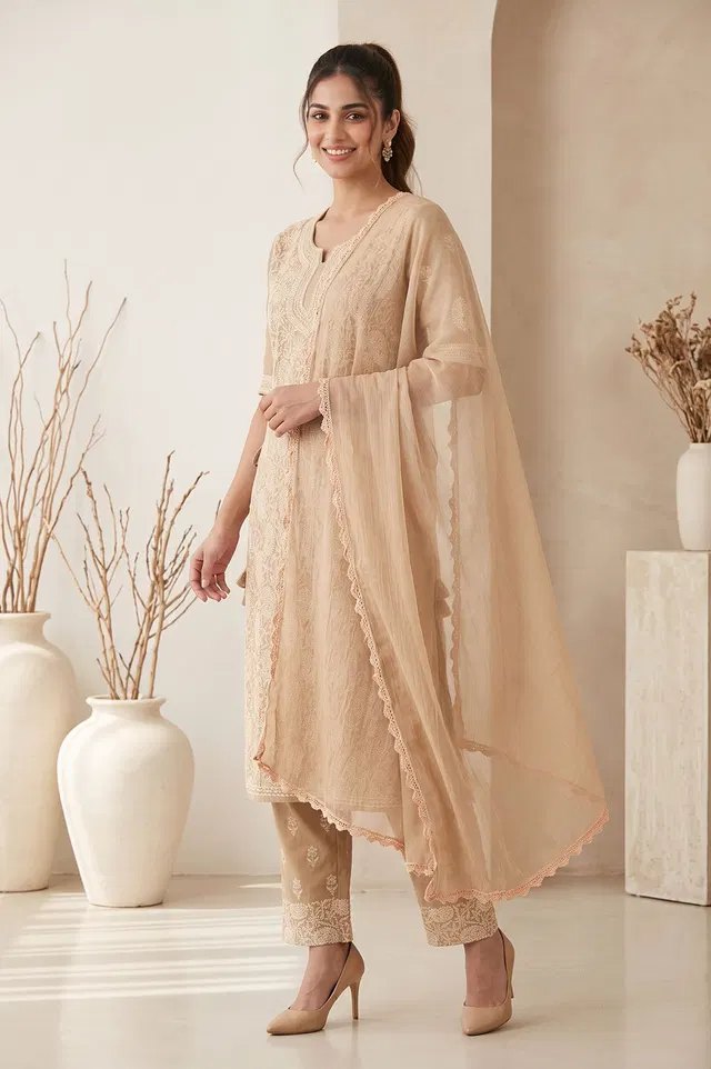 Lucknow Chikankari Hand Embroidered Salwar Suit Set (Unstitched)
