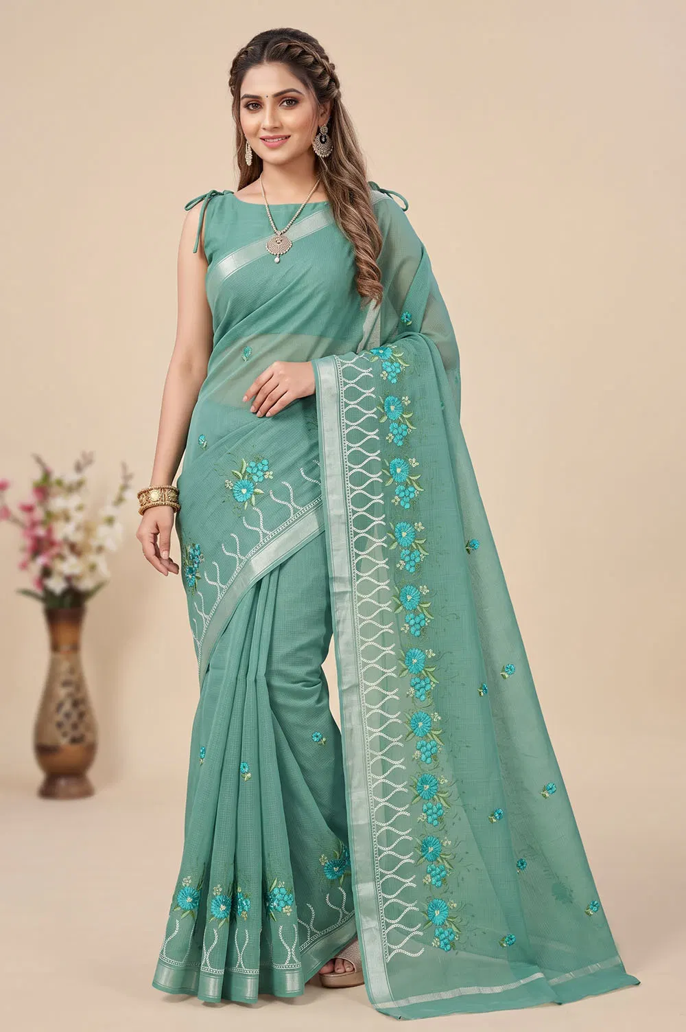Kota Embroidery Work Cotton Mix Saree