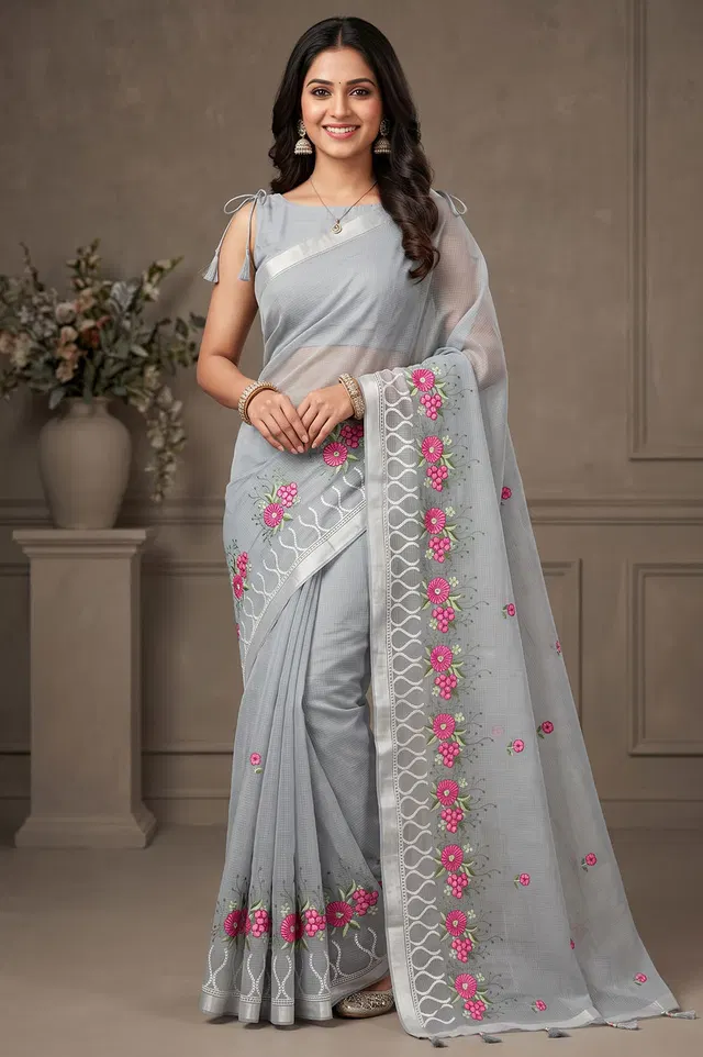 Kota Embroidery Work Cotton Mix Saree