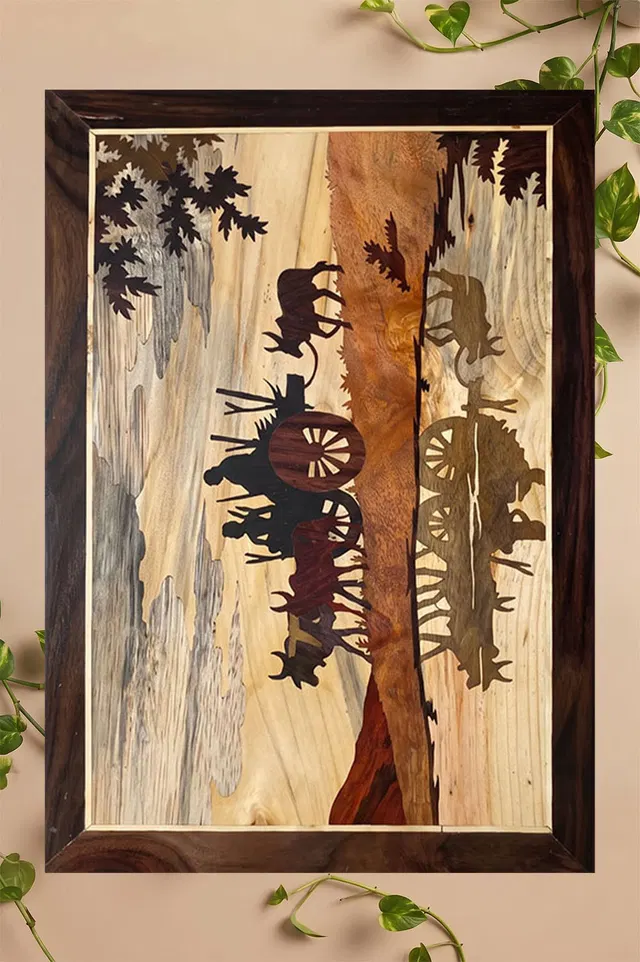 Mysore Rose Wood Inlay - Family Bullock Cart Theme (18*12) Inches