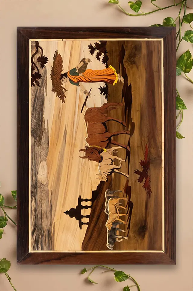 Mysore Rose Wood Inlay - Cow Grazing (18*12)