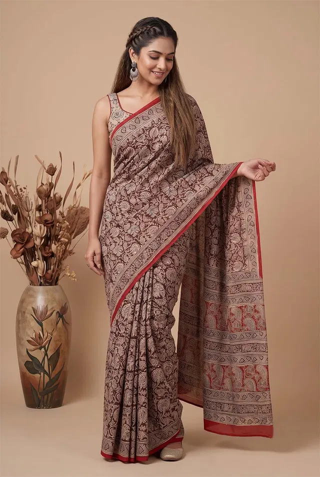 Hand Block Printed Machilipatnam Kalamkari Saree (Extremely Soft Cotton)