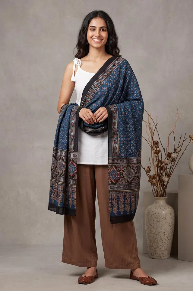 Kutch Ajrakh Hand Block Print Modal Silk Crepe Stole