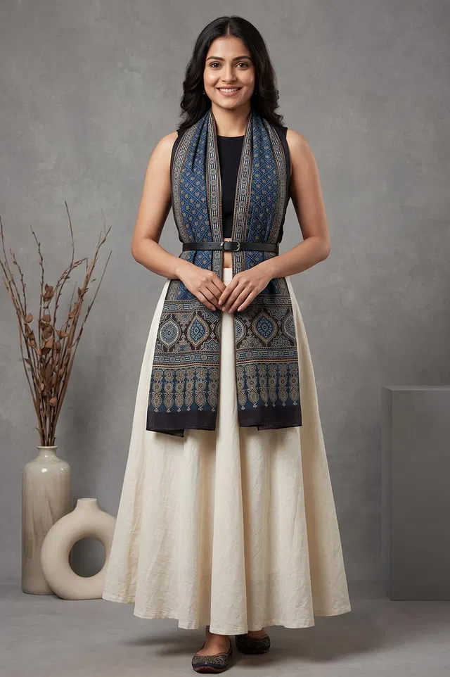 Kutch Ajrakh Hand Block Print Modal Silk Crepe Stole