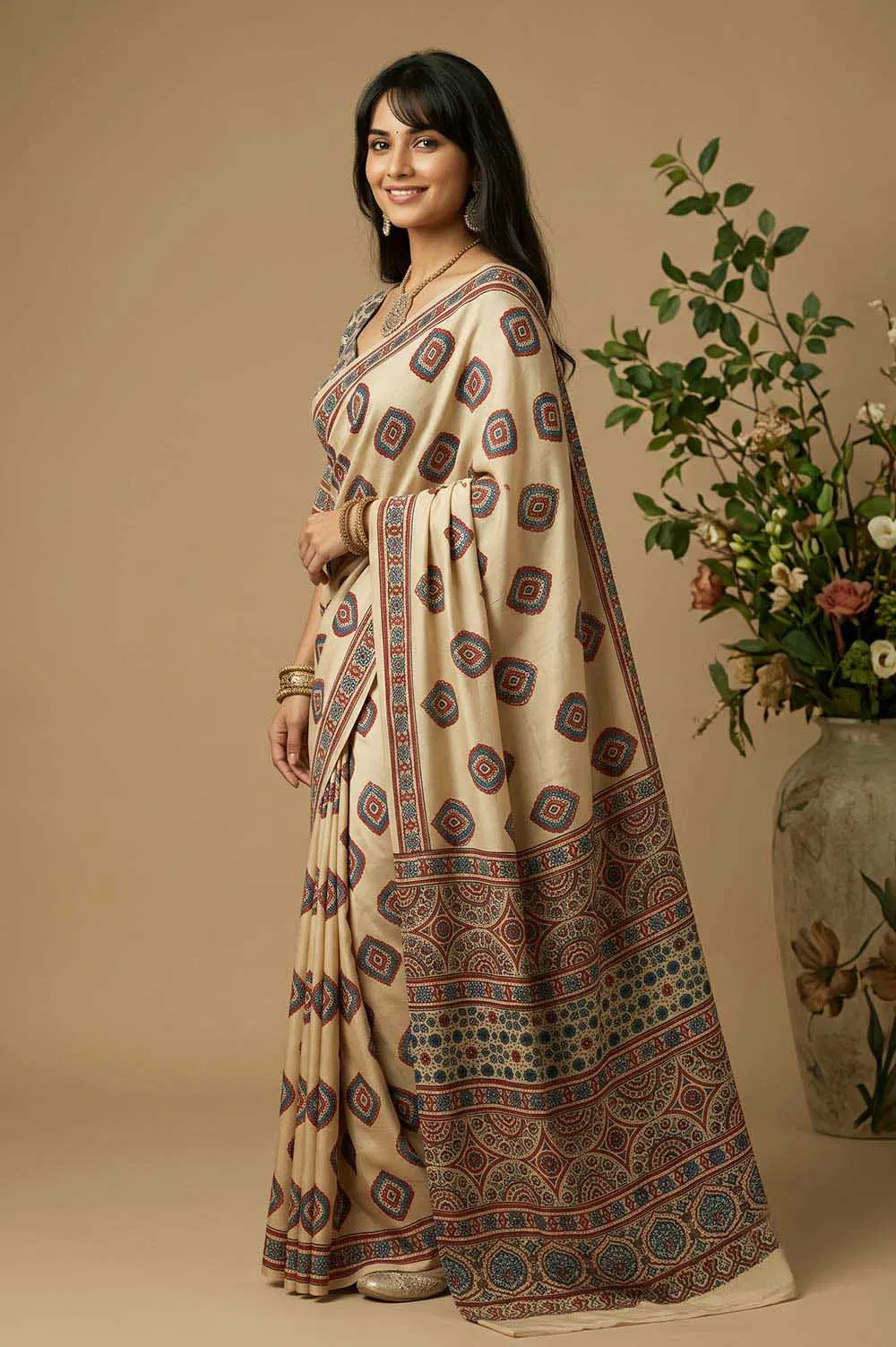 Kutch Ajrakh Hand Block Print Modal Silk Crepe Saree