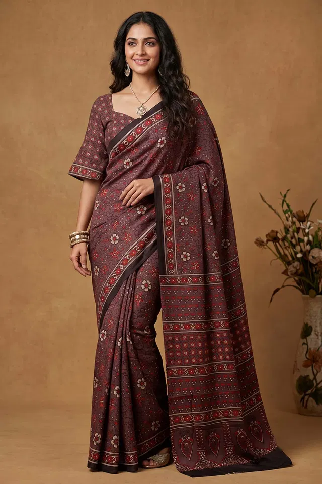 Kutch Ajrakh Hand Block Print Modal Silk Crepe Saree