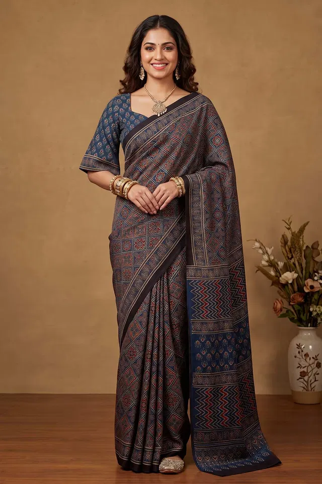 Kutch Ajrakh Hand Block Print Modal Silk Crepe Saree