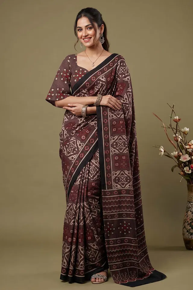 Kutch Ajrakh Hand Block Print Modal Silk Crepe Saree