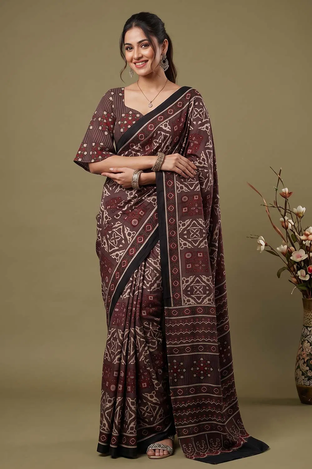 Kutch Ajrakh Hand Block Print Modal Silk Crepe Saree