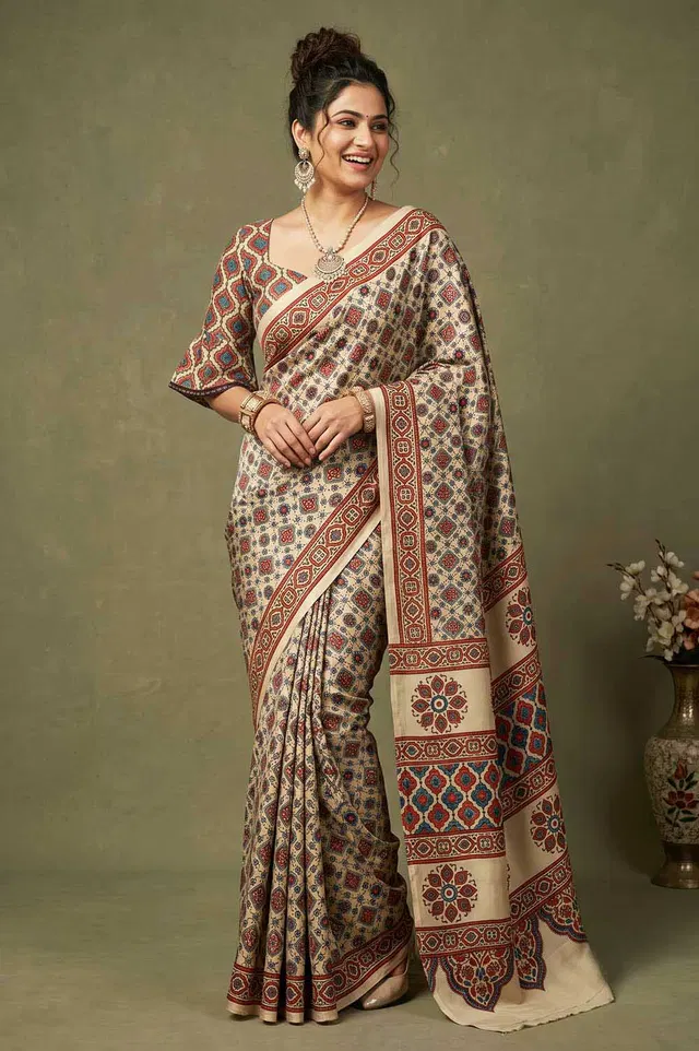 Kutch Ajrakh Hand Block Print Modal Silk Crepe Saree