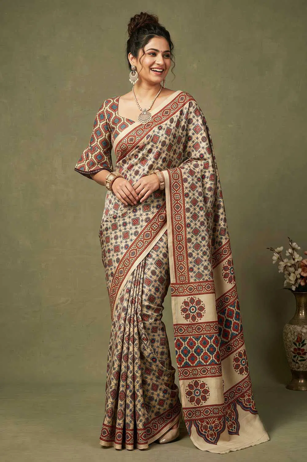 Kutch Ajrakh Hand Block Print Modal Silk Crepe Saree