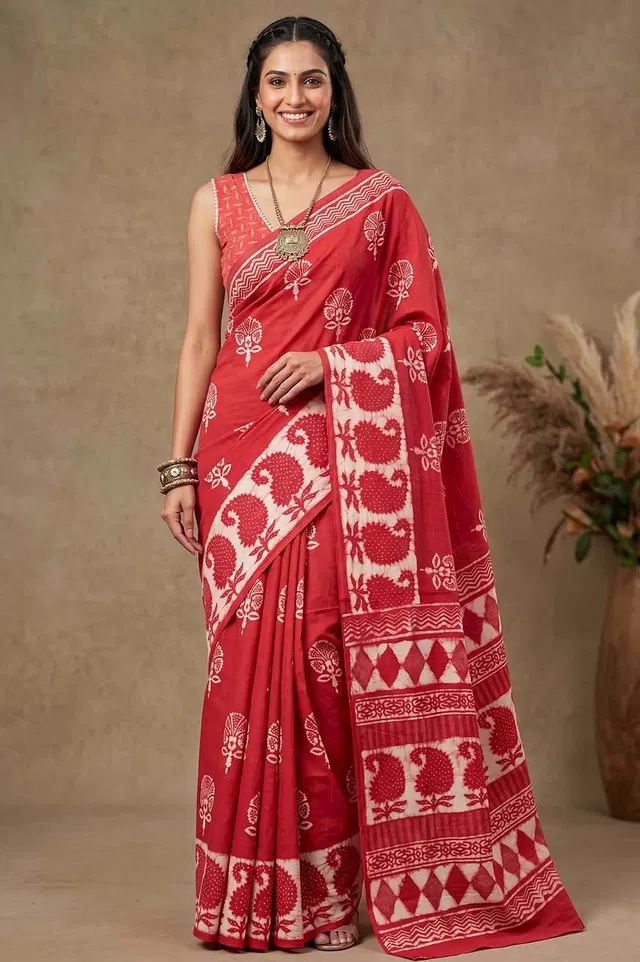 Bagru Hand Block Print Cotton Saree